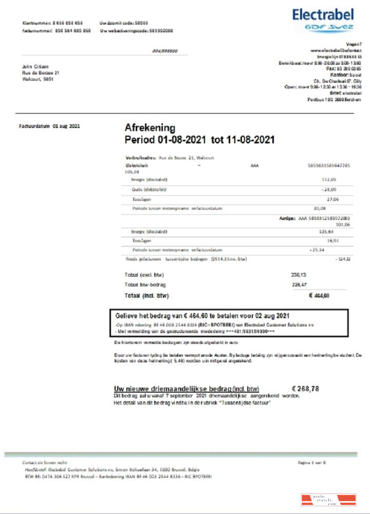 Belgium Electrabel electricity utility bill template, fully editable in Word and PDF format